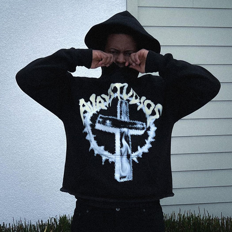 Retro Hip Hop Goth Cross Print Hoodie