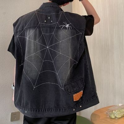 Spider Embroidered Lapel Denim Sleeveless Jacket