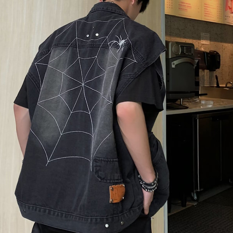 Spider Embroidered Lapel Denim Sleeveless Jacket
