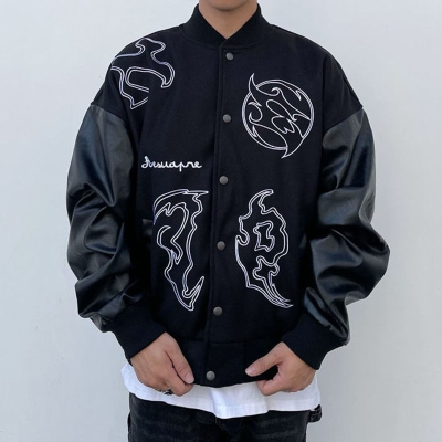 Street Embroidered Patchwork Leather Jacket