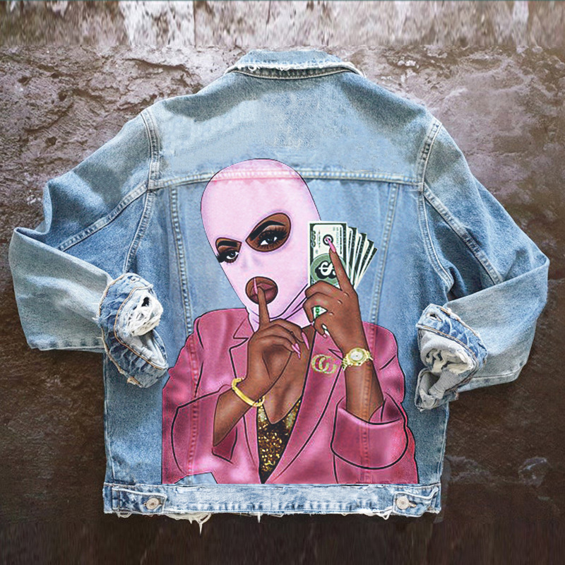 Hip Hop Mask Print Washed Denim Jacket