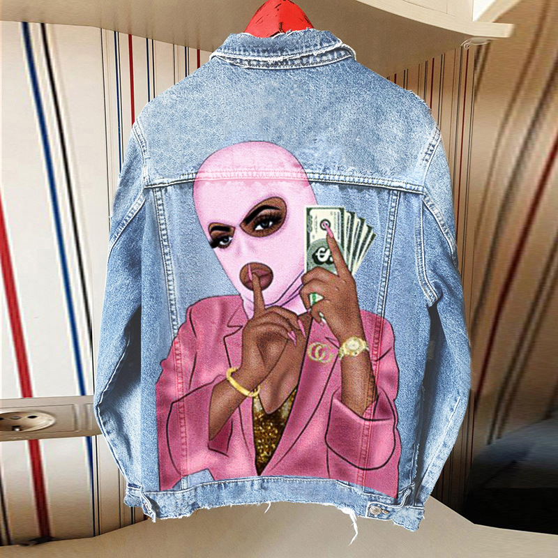 Hip Hop Mask Print Washed Denim Jacket