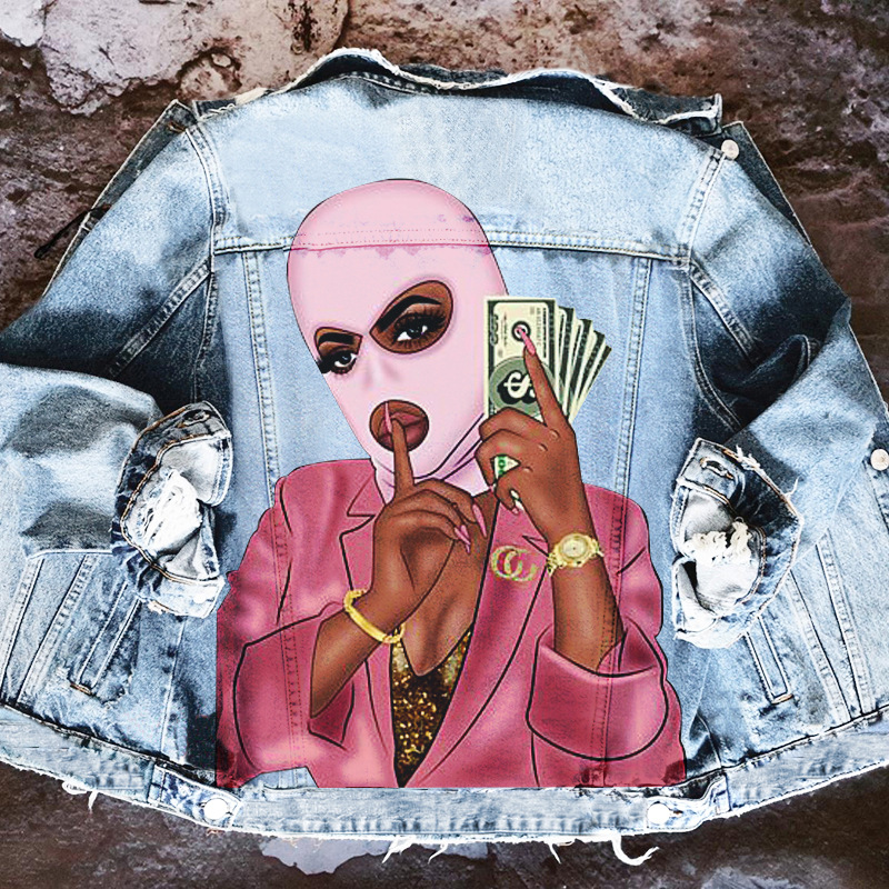 Hip Hop Mask Print Washed Denim Jacket