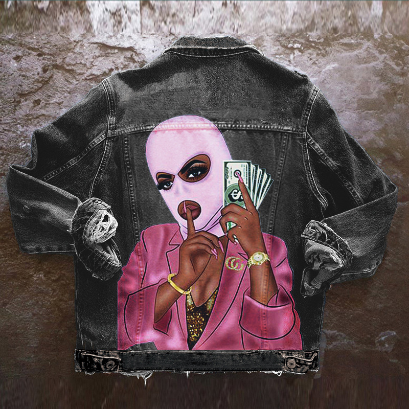 Hip Hop Mask Print Washed Denim Jacket