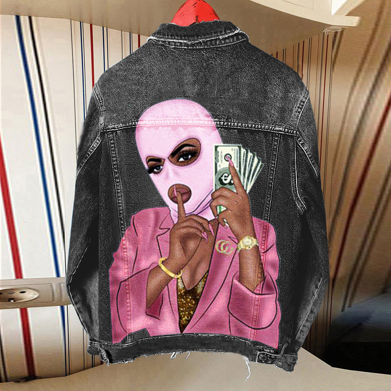 Hip Hop Mask Print Washed Denim Jacket