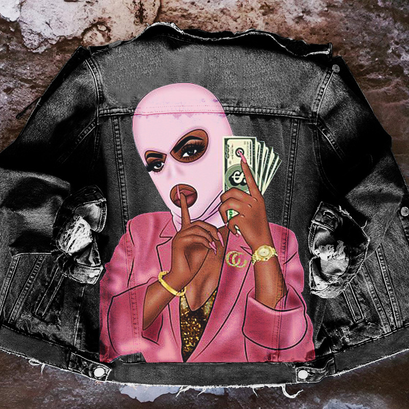 Hip Hop Mask Print Washed Denim Jacket