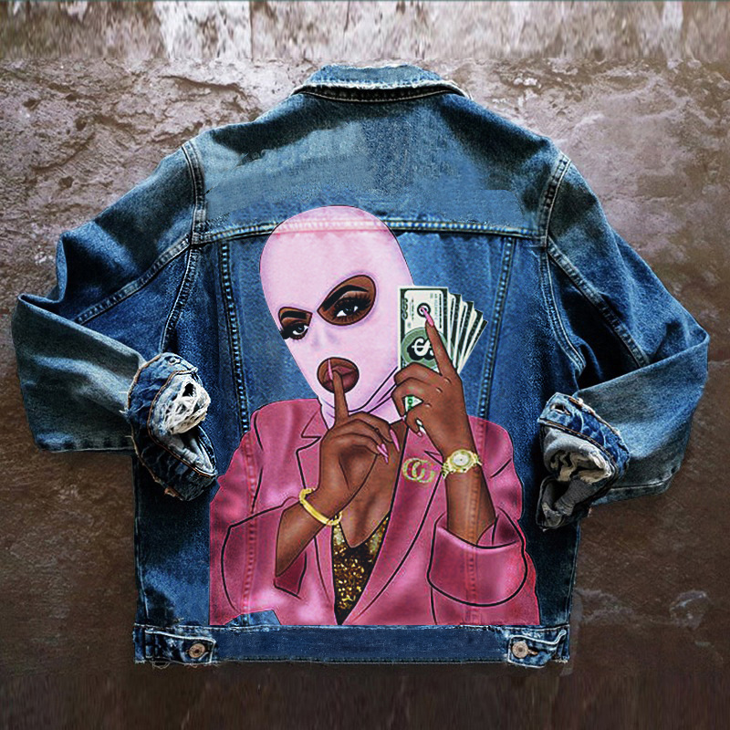 Hip Hop Mask Print Washed Denim Jacket