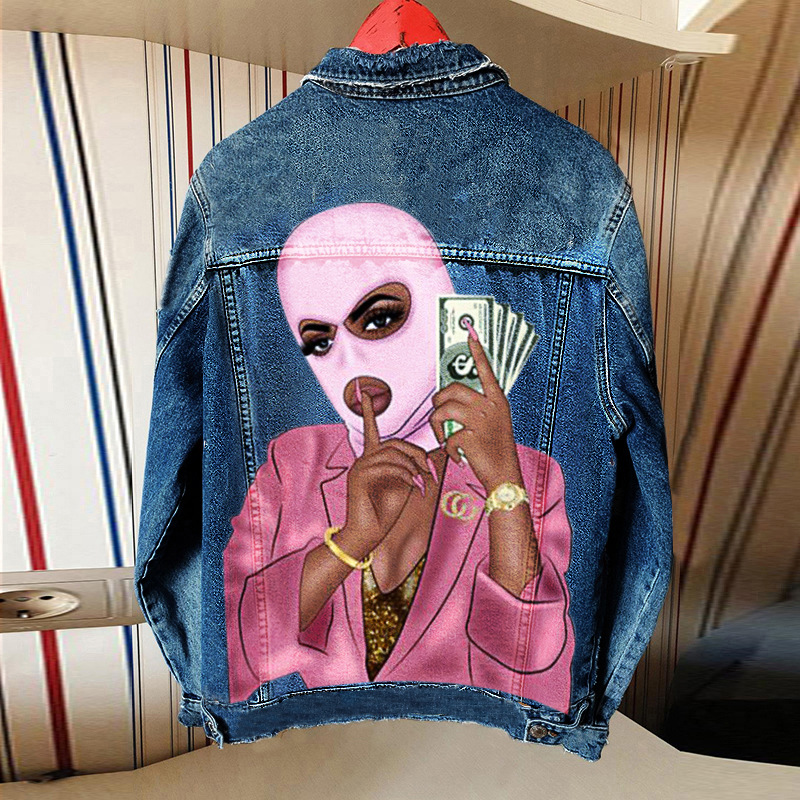 Hip Hop Mask Print Washed Denim Jacket