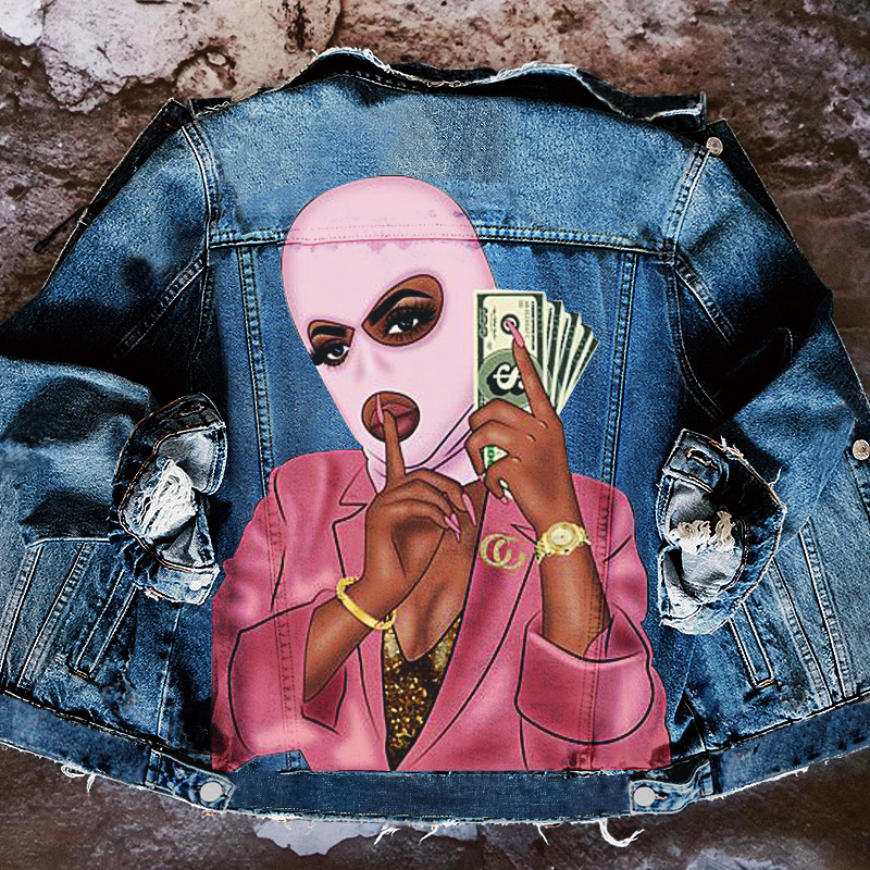 Hip Hop Mask Print Washed Denim Jacket