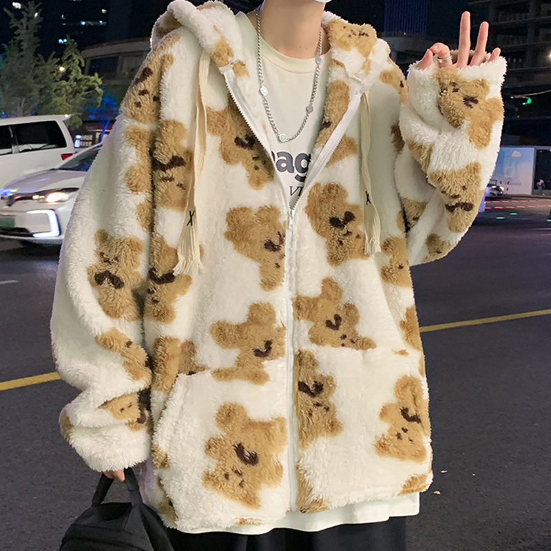 Bear Plush Hooded Couple Cardigan Thin Jacket