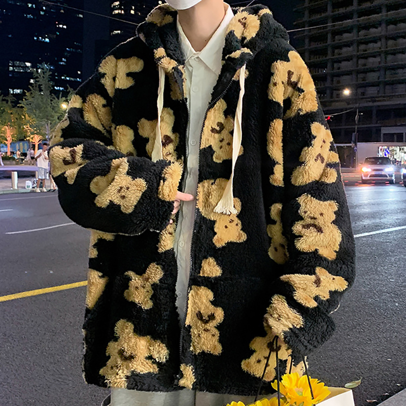 Bear Plush Hooded Couple Cardigan Thin Jacket