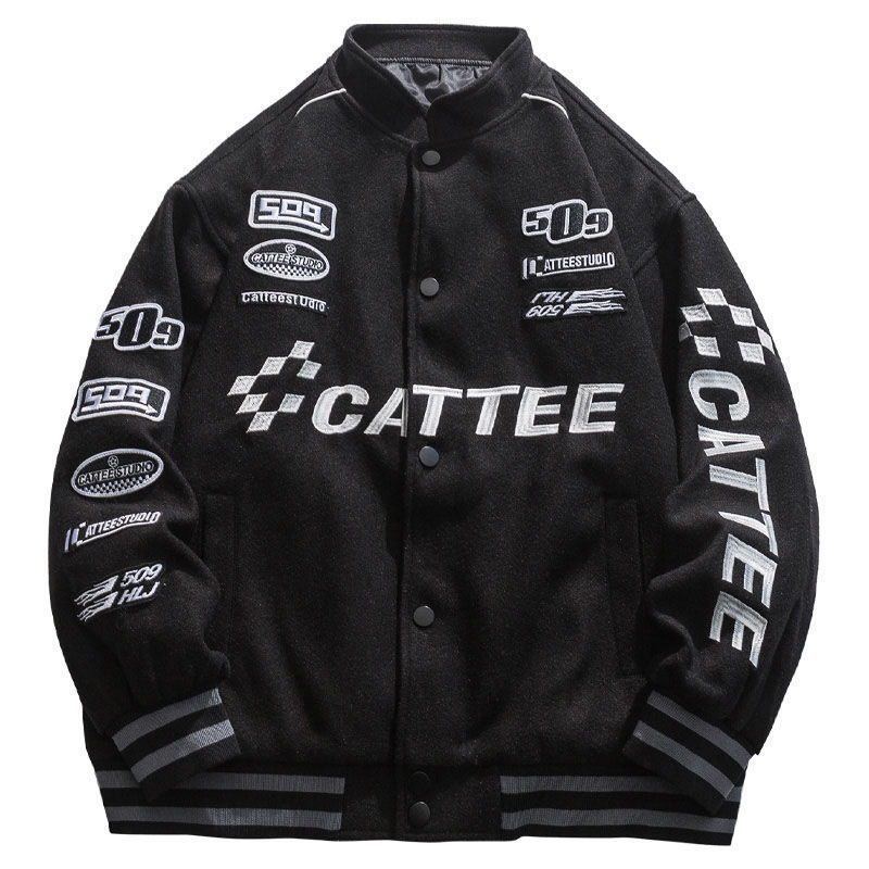 Unisex Letter Embroidered Motorcycle Baseball Jacket