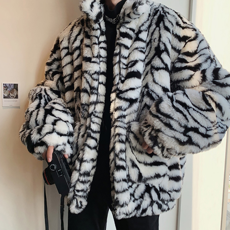 Zebra Print Faux Fur Plush Coat