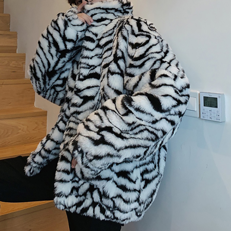 Zebra Print Faux Fur Plush Coat