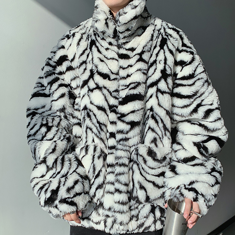 Zebra Print Faux Fur Plush Coat