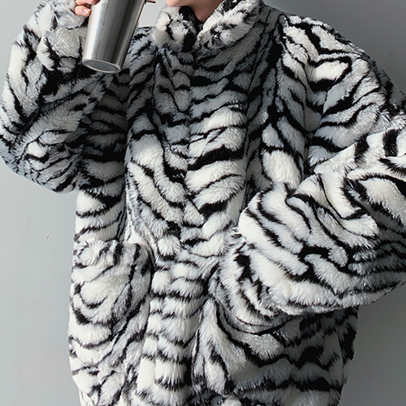 Zebra Print Faux Fur Plush Coat