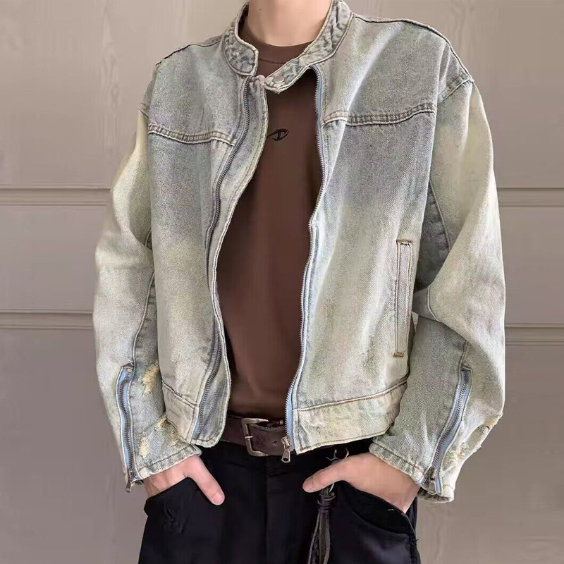 Stand Collar Washed Distressed Denim Jacket