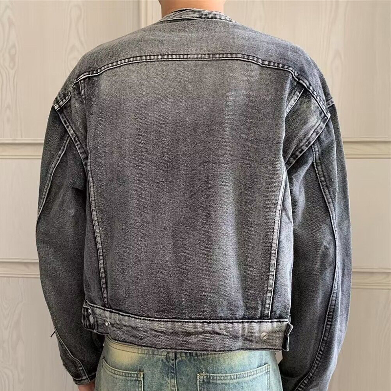 Stand Collar Washed Distressed Denim Jacket