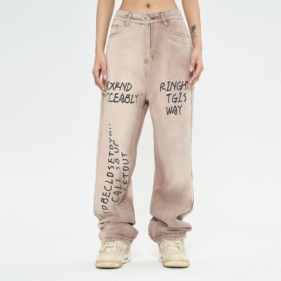 Letter Print Loose Tie-dye Gradient Straight Jeans