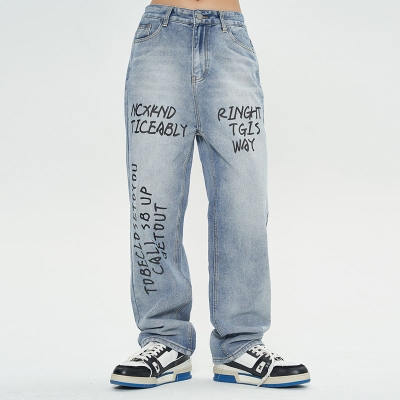 Letter Print Loose Tie-dye Gradient Straight Jeans