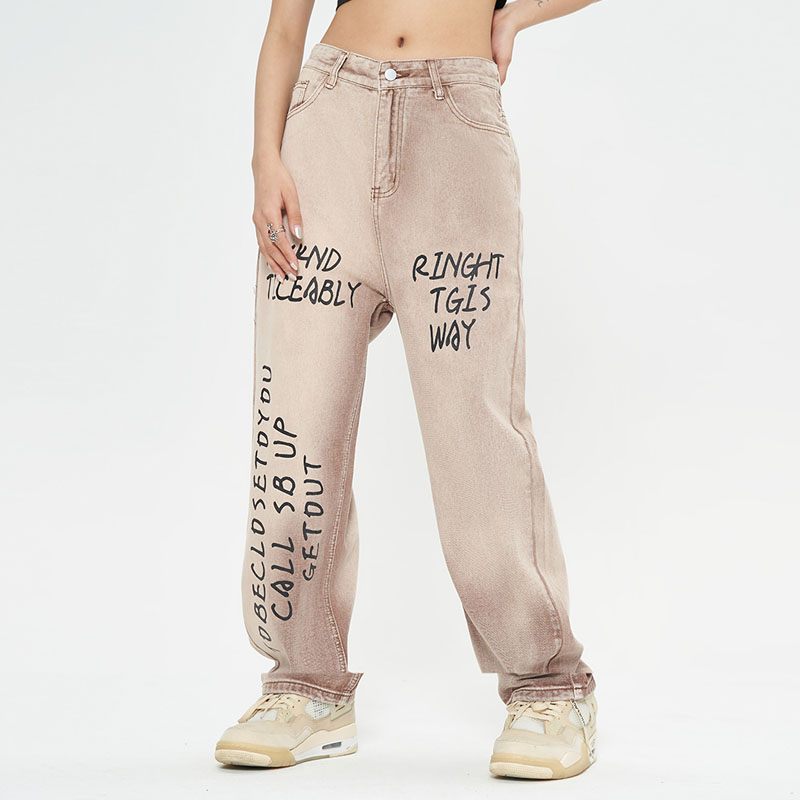 Letter Print Loose Tie-dye Gradient Straight Jeans