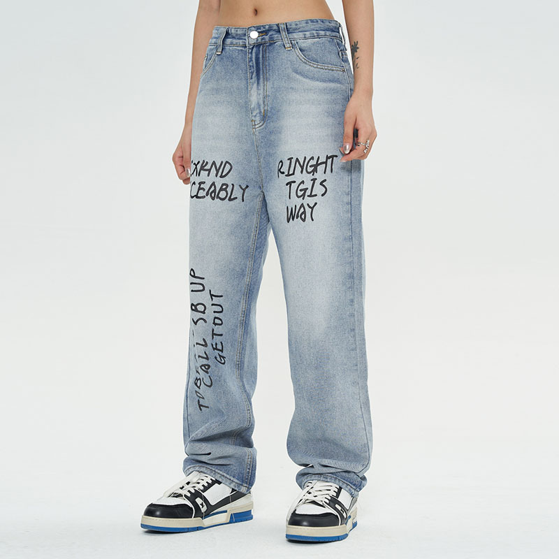 Letter Print Loose Tie-dye Gradient Straight Jeans