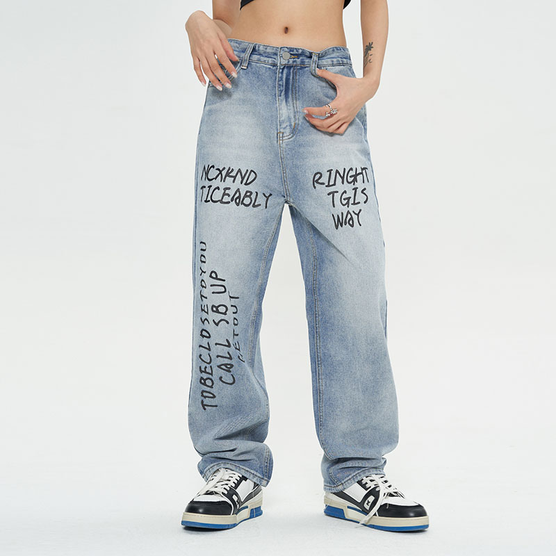 Letter Print Loose Tie-dye Gradient Straight Jeans