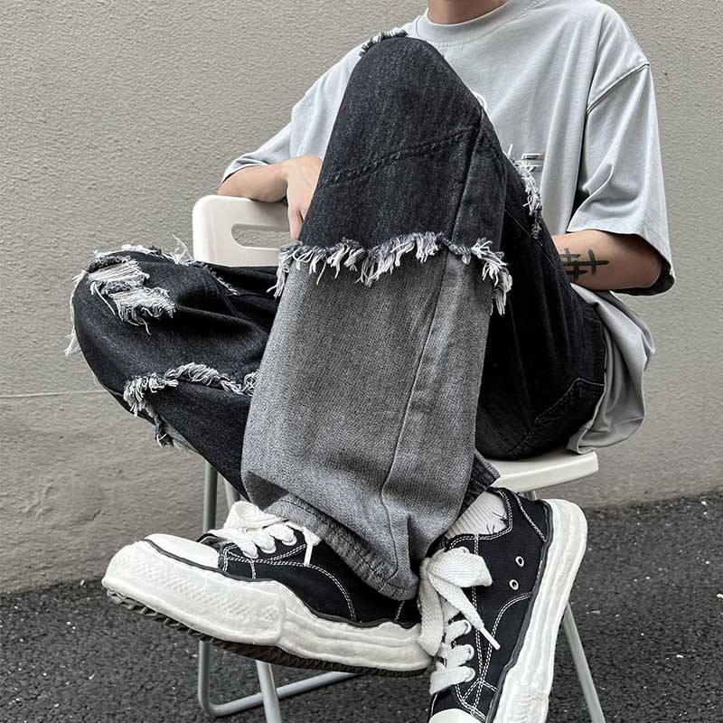 Vintage Wash Panel Raw Edge Ripped Jeans