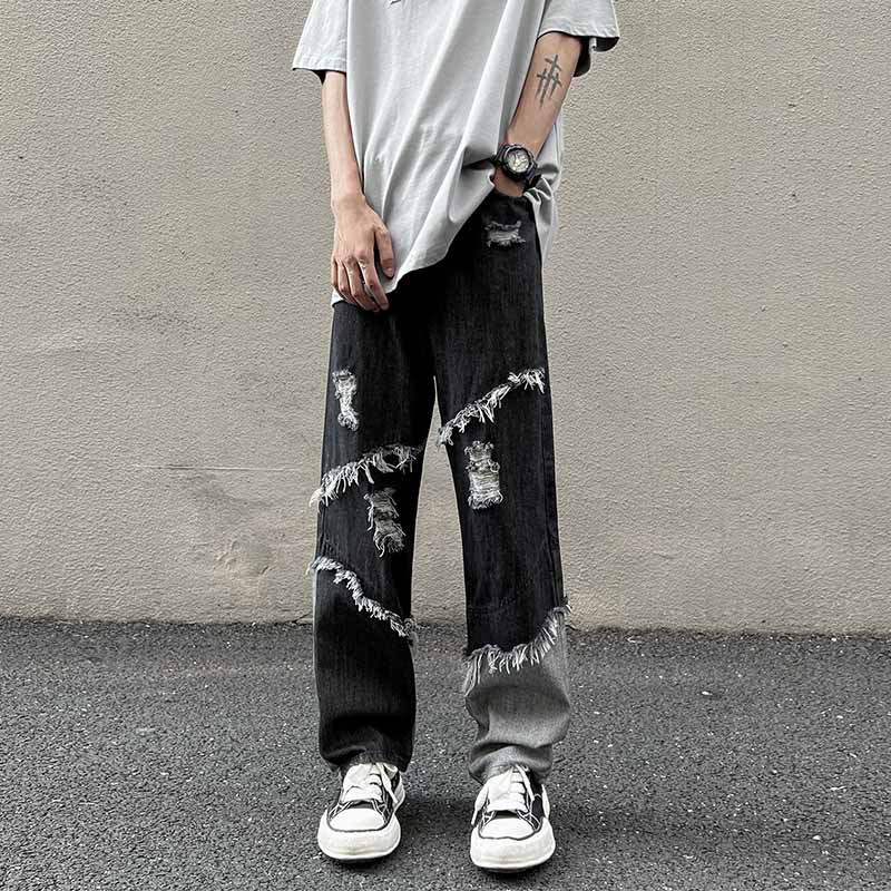 Vintage Wash Panel Raw Edge Ripped Jeans