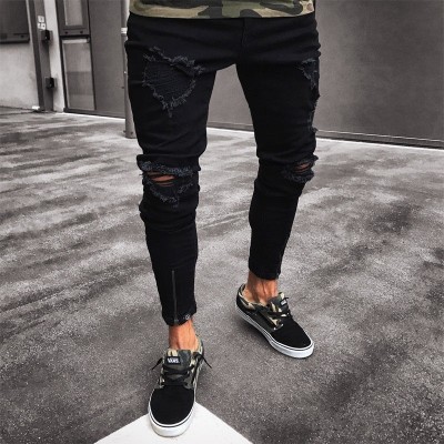 Black Ripped Stretch Zipper Skinny Jeans