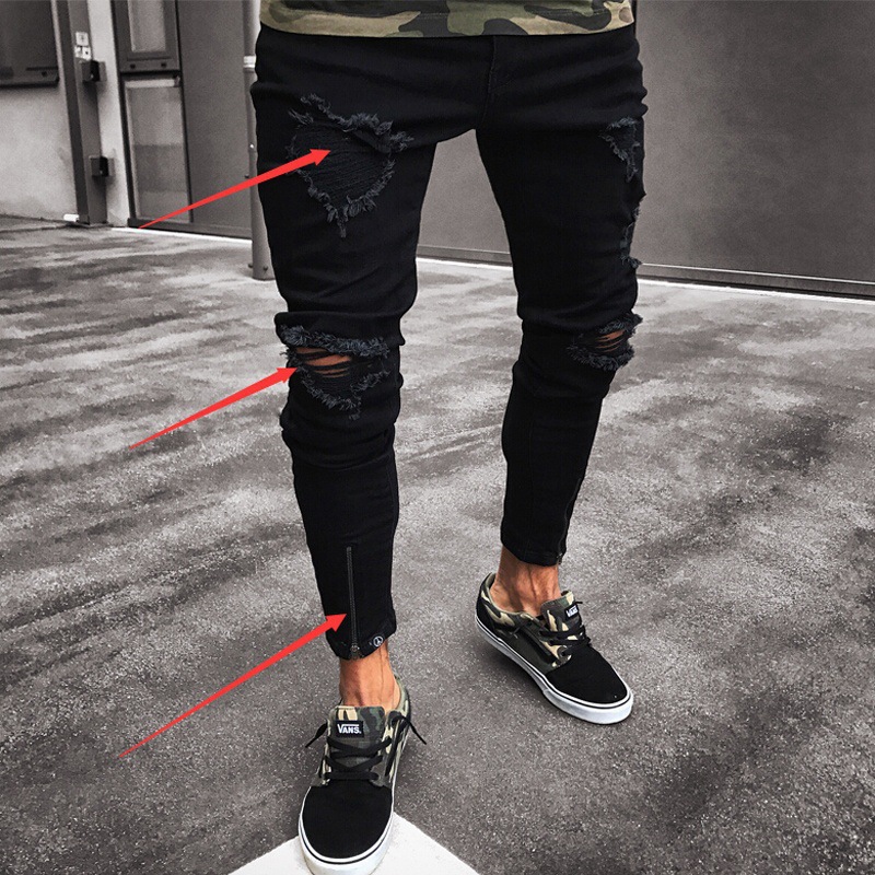 Black Ripped Stretch Zipper Skinny Jeans