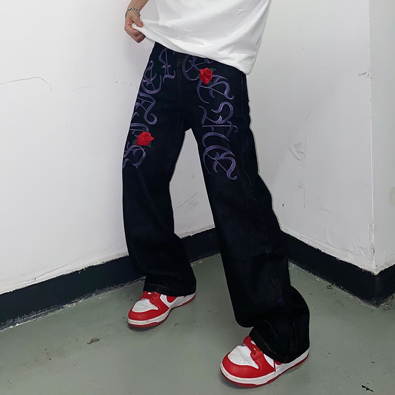 Hip Hop Straight Fit Letter Embroidered Jeans