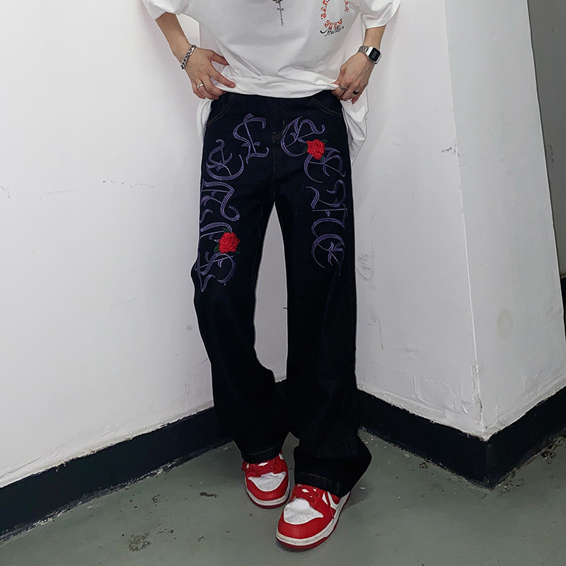 Hip Hop Straight Fit Letter Embroidered Jeans