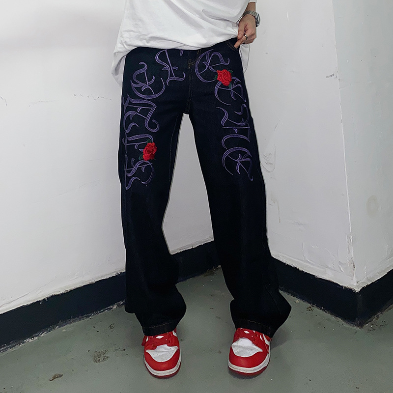 Hip Hop Straight Fit Letter Embroidered Jeans