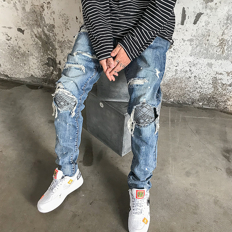 Vintage Paisley Patch Ripped Jeans - Helloice Apparel