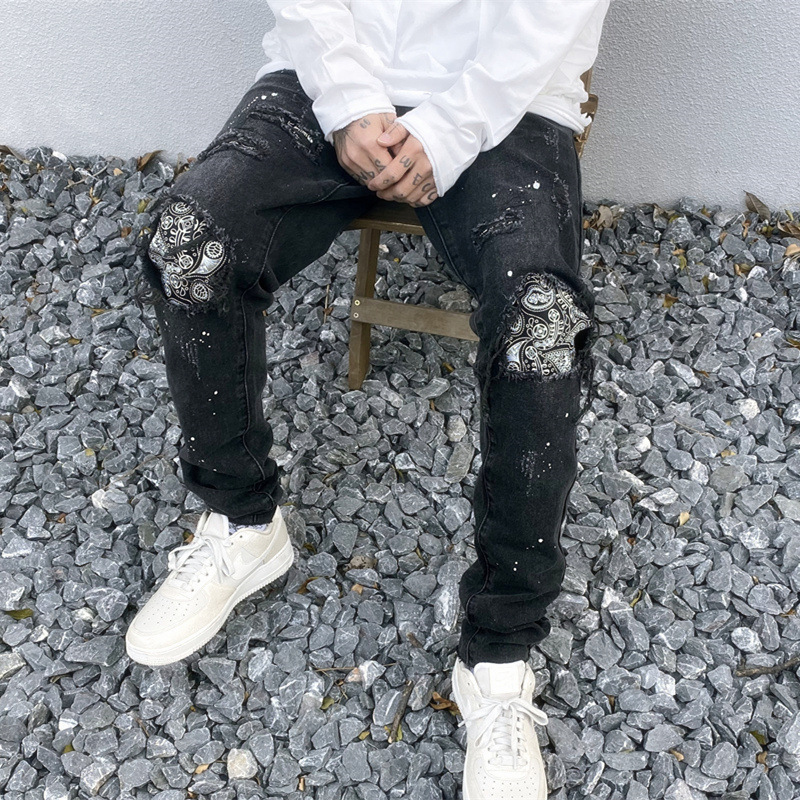 Vintage Paisley Patch Ripped Jeans