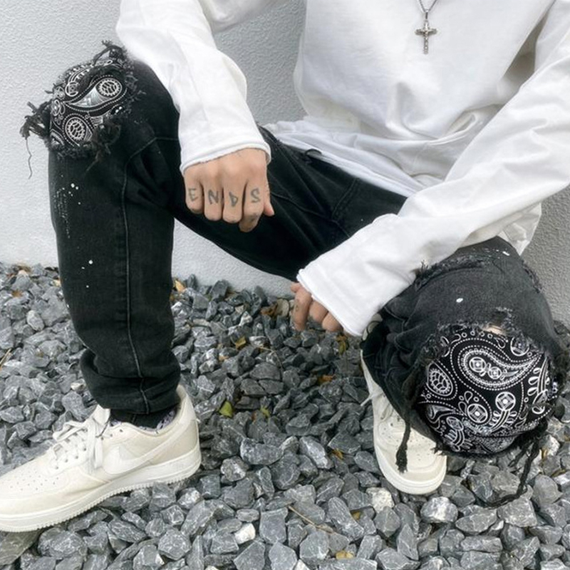 Vintage Paisley Patch Ripped Jeans