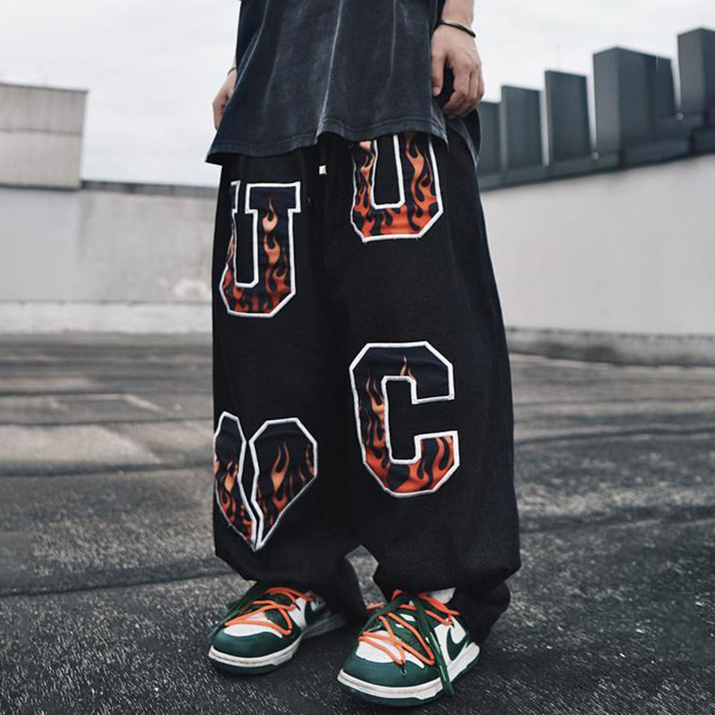 Street Hip Hop Flame Embroidered Loose Straight Jeans