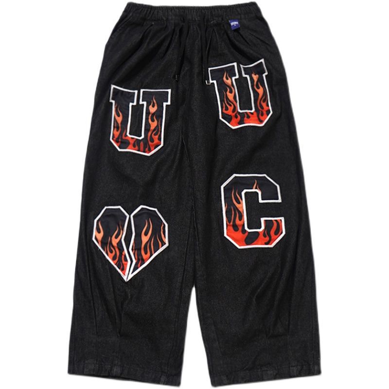 Street Hip Hop Flame Embroidered Loose Straight Jeans