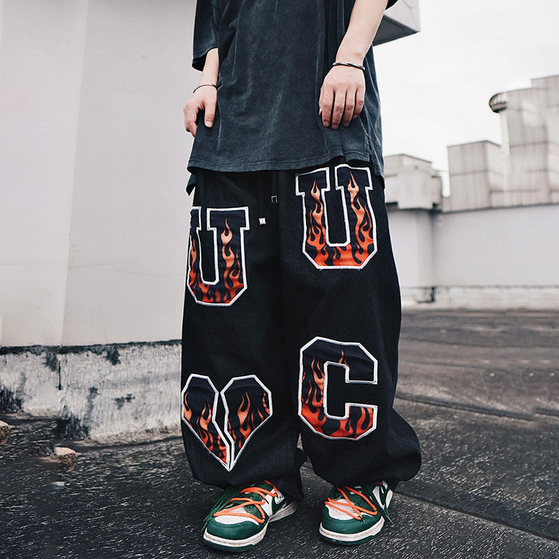 Street Hip Hop Flame Embroidered Loose Straight Jeans