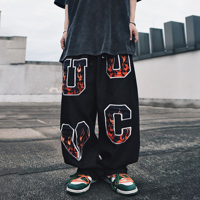Street Hip Hop Flame Embroidered Loose Straight Jeans