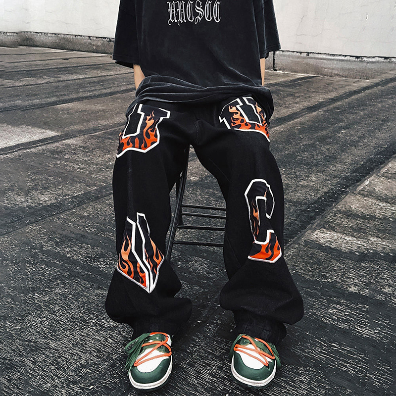 Street Hip Hop Flame Embroidered Loose Straight Jeans