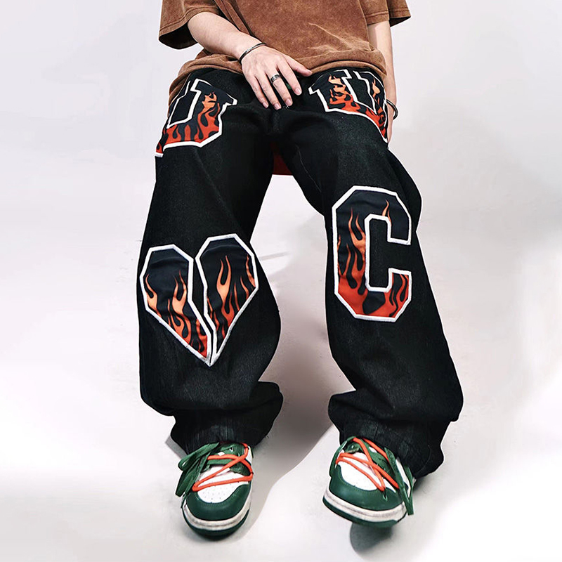 Street Hip Hop Flame Embroidered Loose Straight Jeans