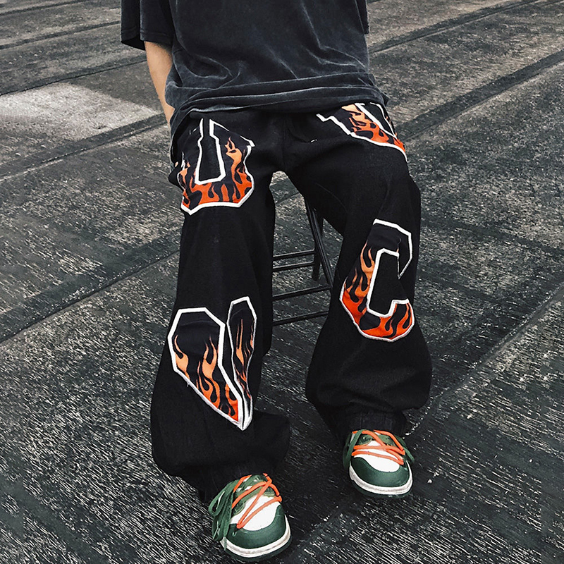 Street Hip Hop Flame Embroidered Loose Straight Jeans