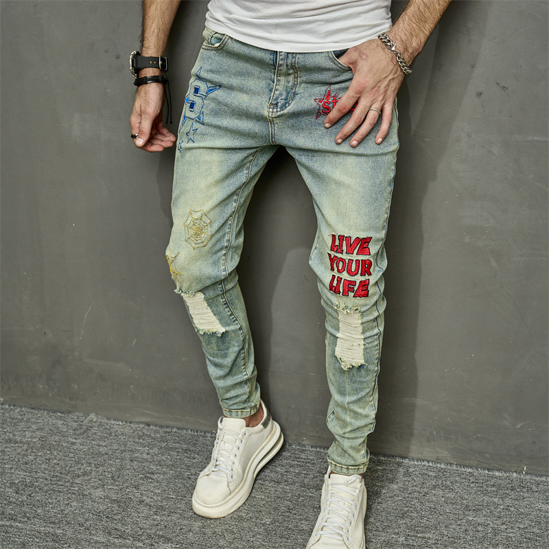 Men's Casual Ripped Letter Slim Stretch Jeans