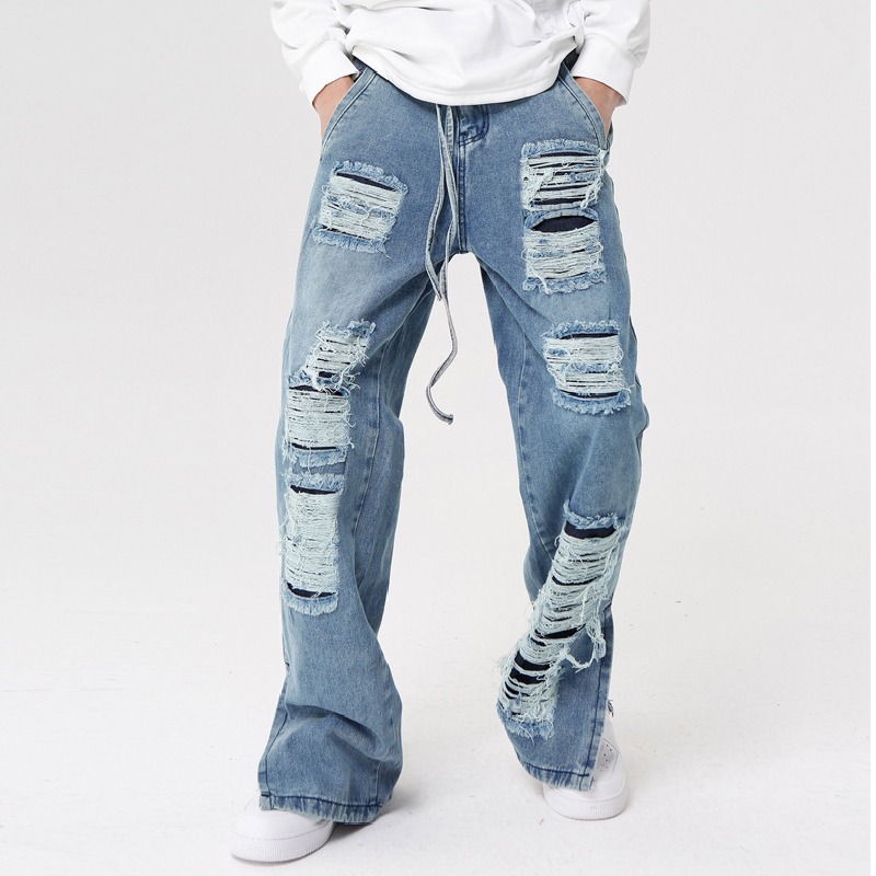 Vintage Washed Ripped Micro-Flared Jeans