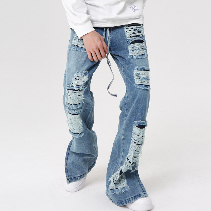 Vintage Washed Ripped Micro-Flared Jeans