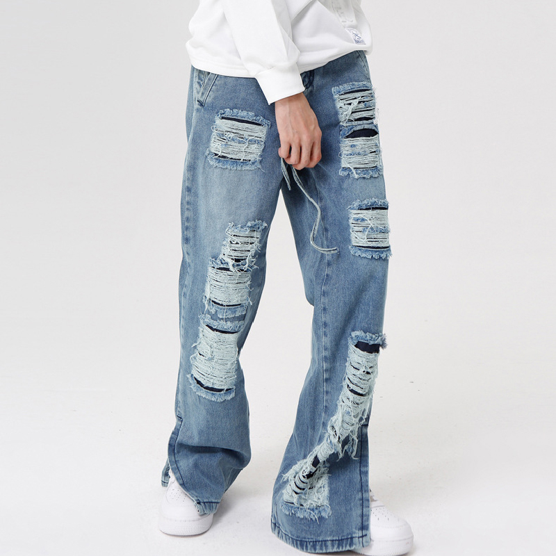 Vintage Washed Ripped Micro-Flared Jeans