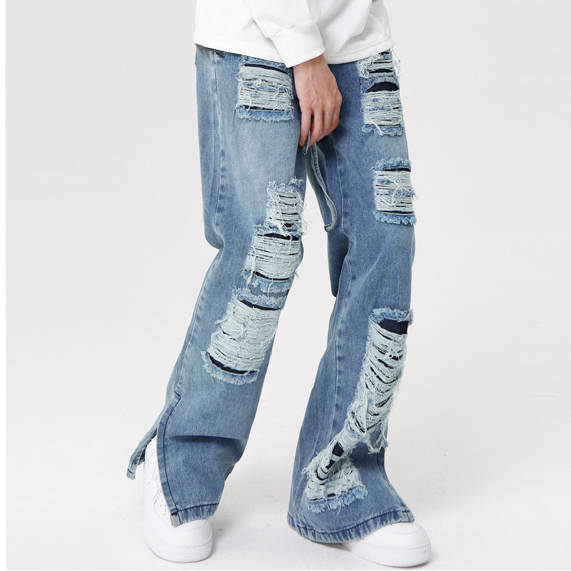 Vintage Washed Ripped Micro-Flared Jeans