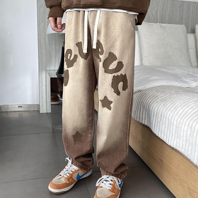 Letters Print Denim Brown Pants